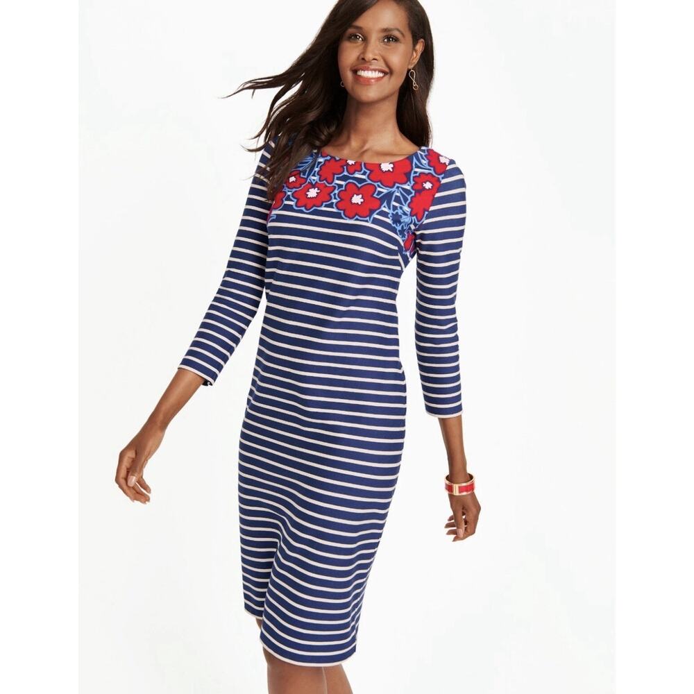 Talbots Floral & Striped Shift Dress Woman's Size Medium Petite Jersey Stretch
